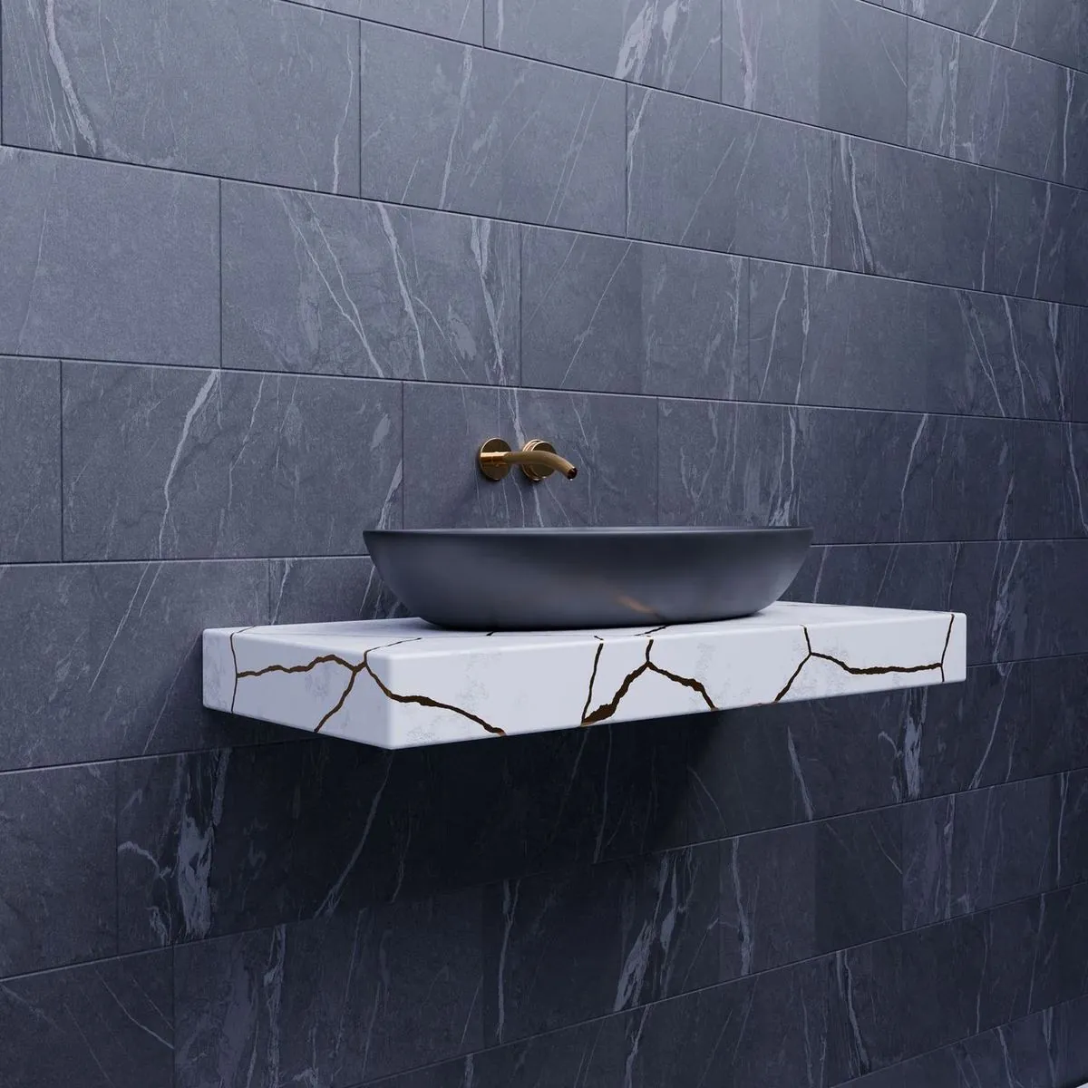 Grey marble sink against a cracked-pattern tile wall.