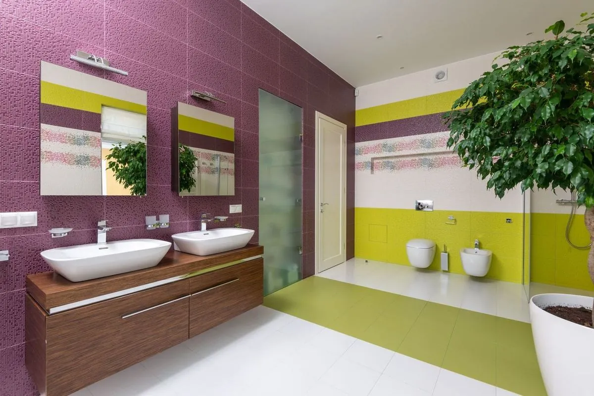 Bright colorful bathroom with a double sink and decorative plant.