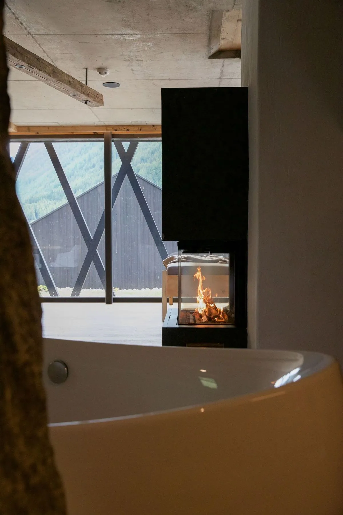 Modern bathroom with a bathtub, fireplace, and a large window.
