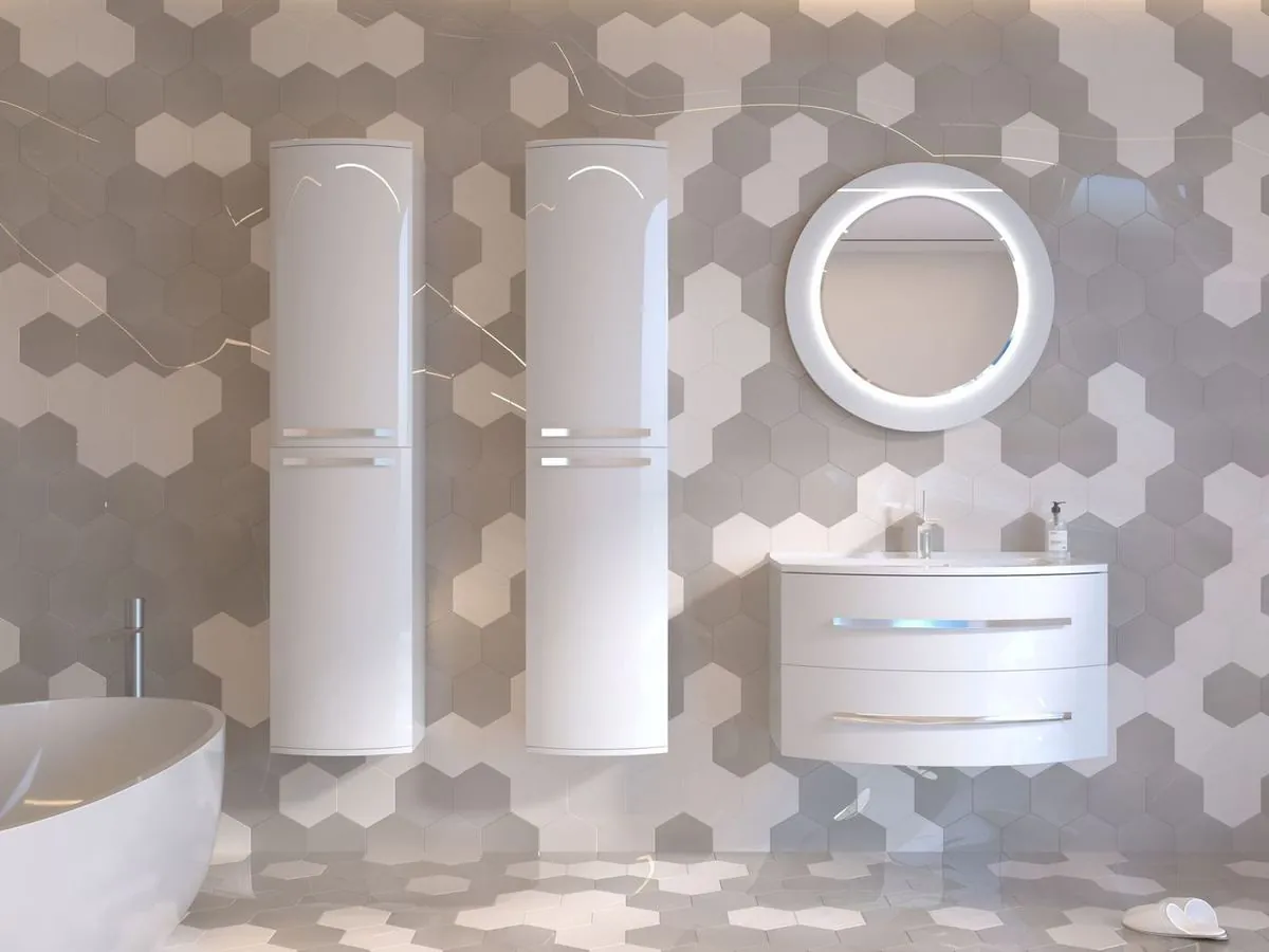 Stylish modern bathroom with hexagonal wall tiles, contemporary fixtures, and elegant lighting.