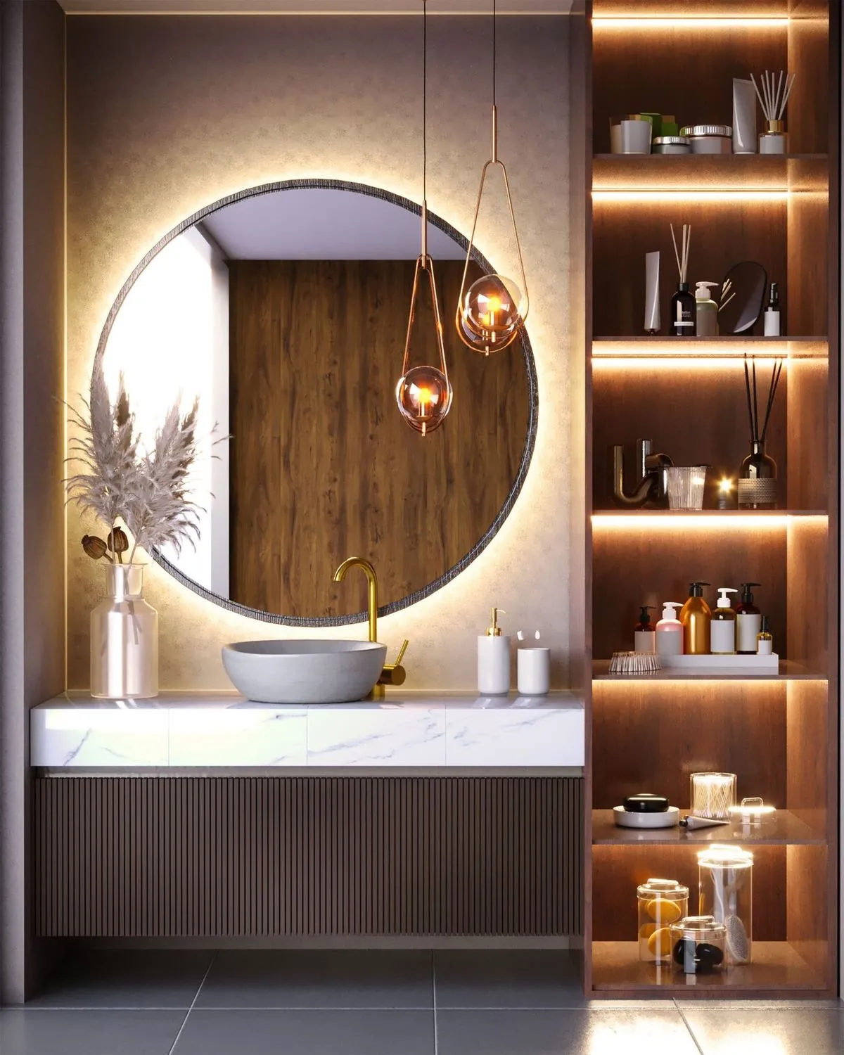 Minimalist bathroom vanity with round mirror, modern faucet, and marble countertop