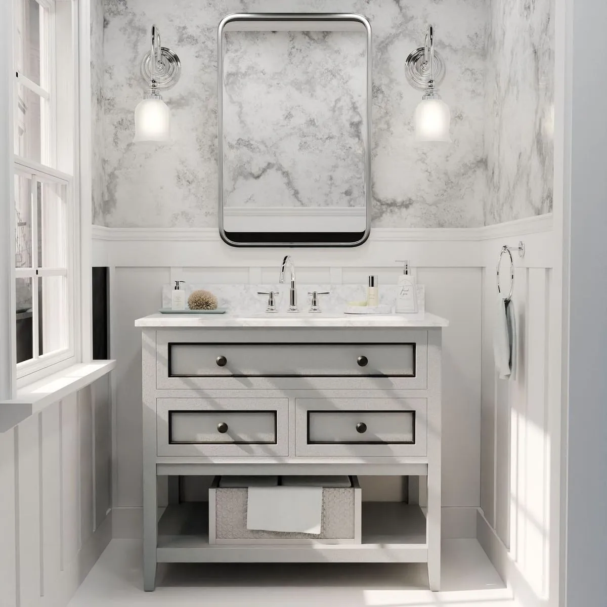 Elegant modern bathroom vanity with marble countertop, polished fixtures and soft sconce lighting