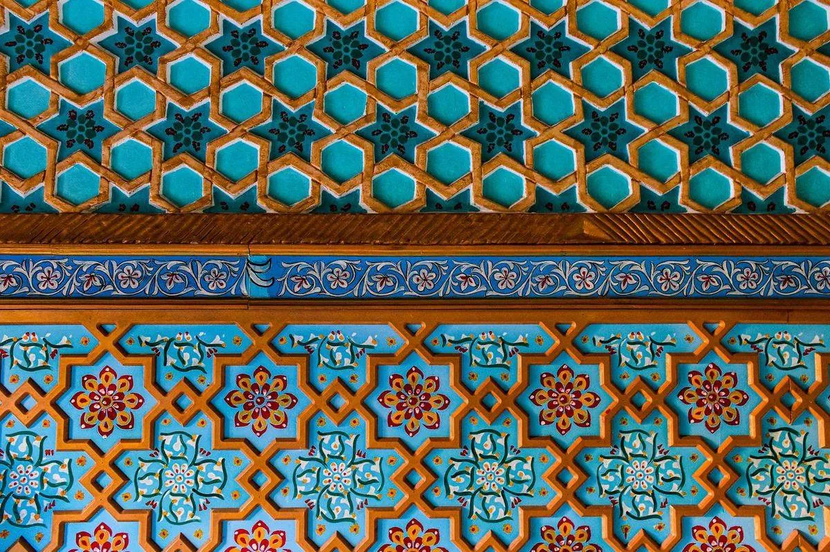 Close-up of turquoise floral mosaic tile wall