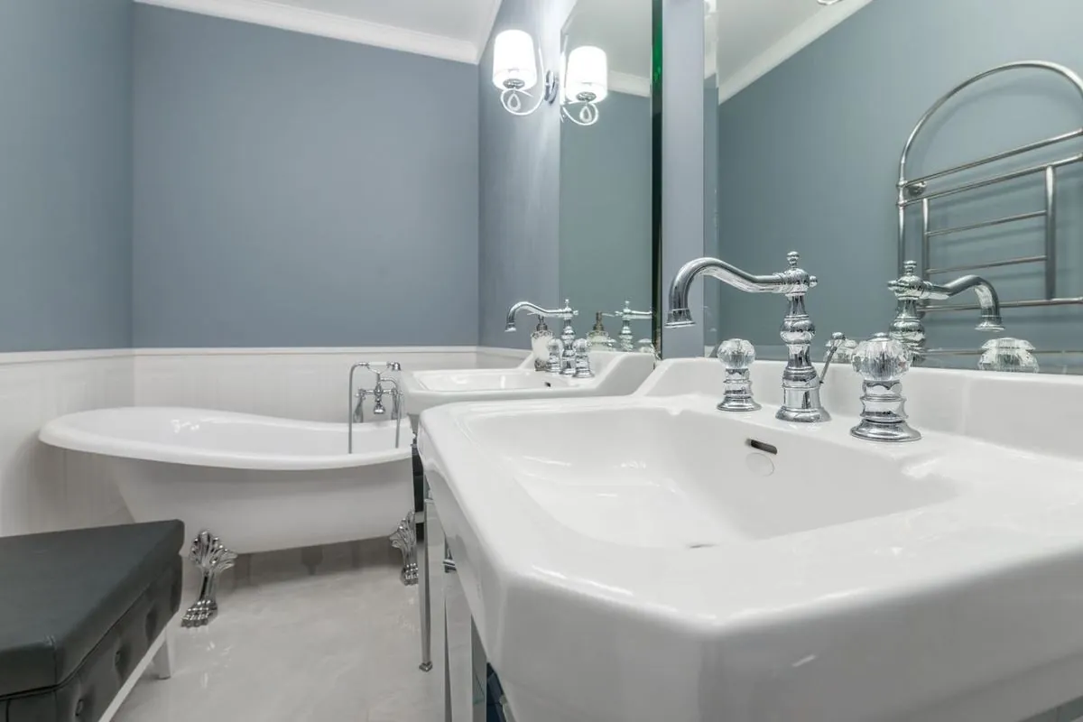 Bathroom with clean sinks and freestanding bathtub